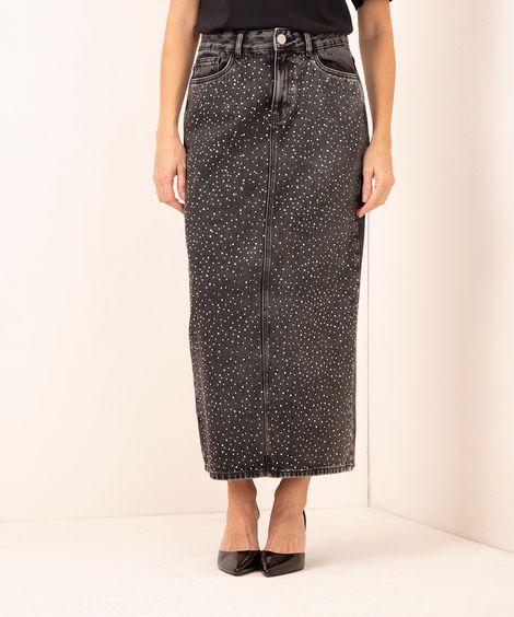 saia jeans longa com strass cintura alta mindset preta