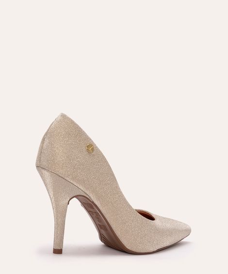 scarpin salto alto bico fino com glitter vizzano ouro