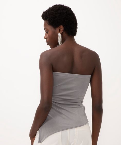 blusa sem alça assimétrica com franzido cinza