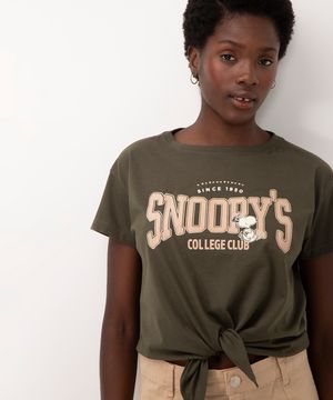 camiseta de algodão laço snoopy college verde militar
