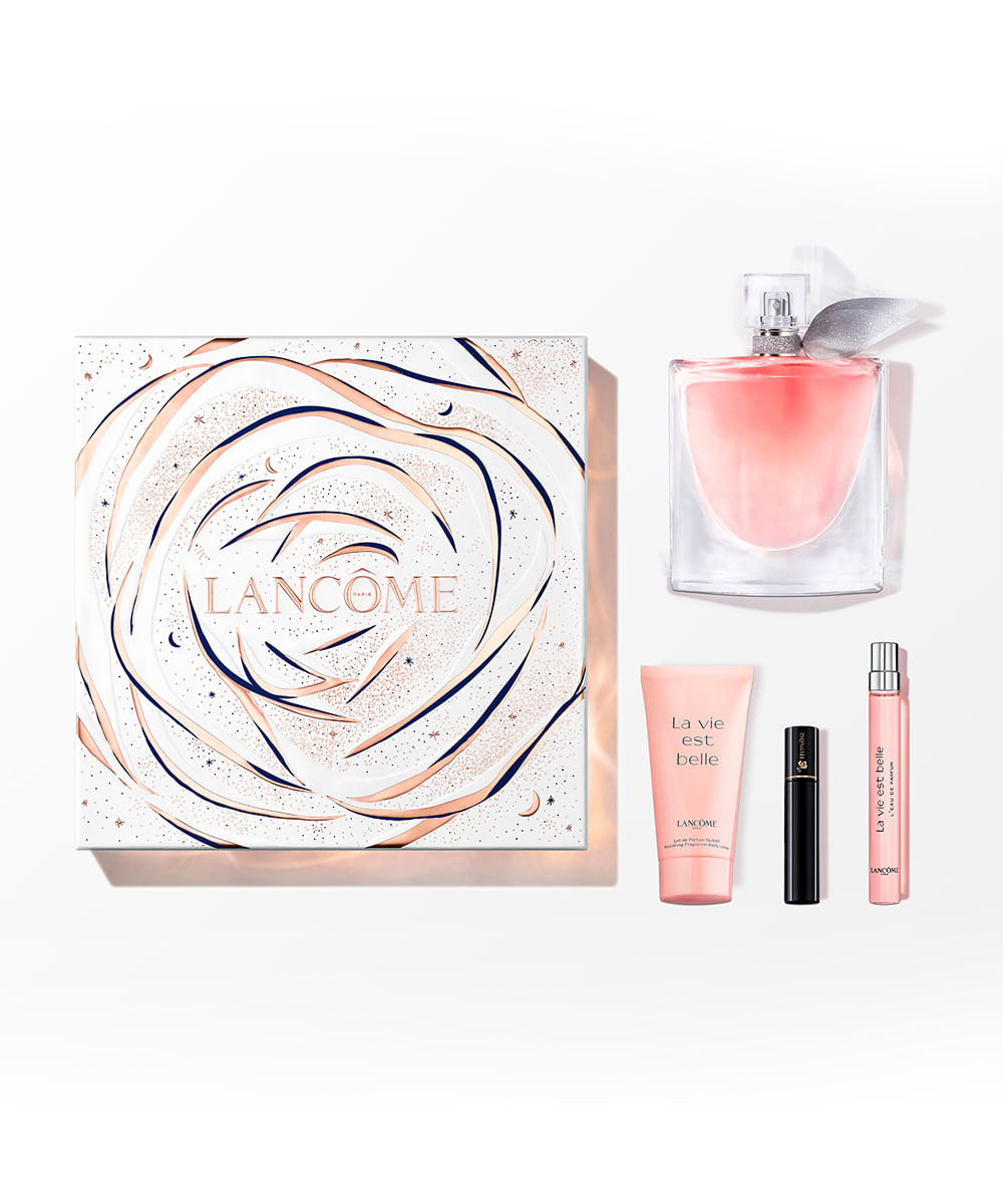 kit 1 la vie est belle eau de parfum 100ml com 1 body lotion 50ml, 1 la vie est belle 10ml e mini máscara hypnose 2ml