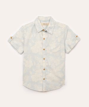 camisa de algodão infantil floral manga curta com bolso azul claro