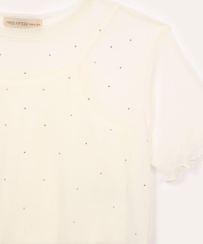 vestido juvenil de tule manga curta com glitter off white - C&A