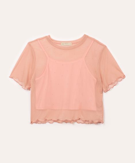 blusa de tule juvenil com brilho manga curta rosa