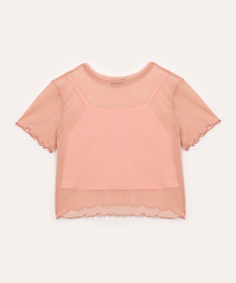blusa de tule juvenil com brilho manga curta rosa