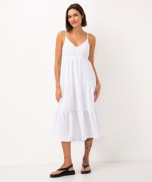 vestido texturizado midi alça fina branco