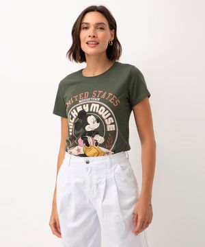camiseta de algodão mickey manga curta verde militar