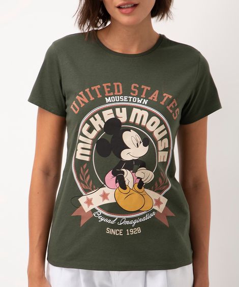 camiseta de algodão mickey manga curta verde militar