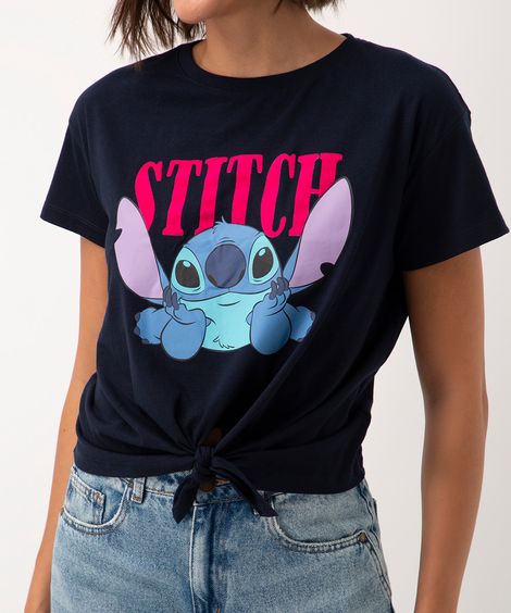 camiseta de algodão stitch manga curta azul marinho