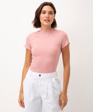 blusa de malha canelada manga curta fru fru rosa médio