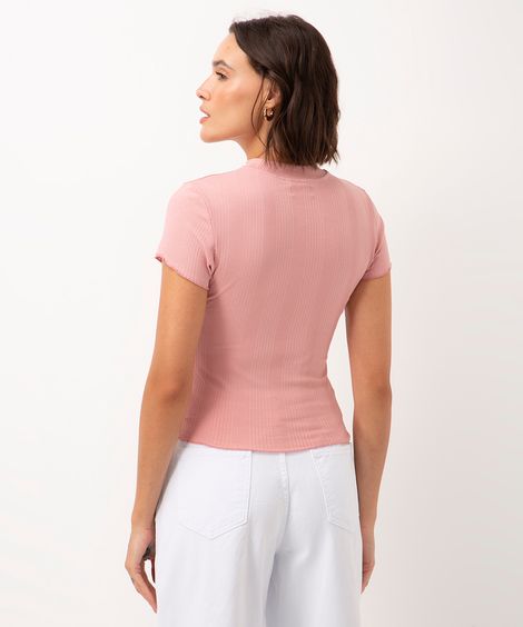 blusa de malha canelada manga curta fru fru rosa médio
