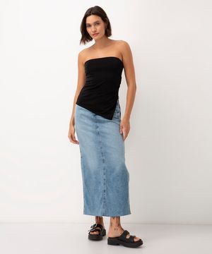 saia jeans longa cintura super alta com fenda azul médio