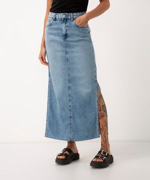 saia jeans longa cintura super alta com fenda azul médio