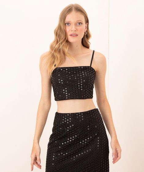 top cropped tela bordado paetê alça fina decote reto mindset preto