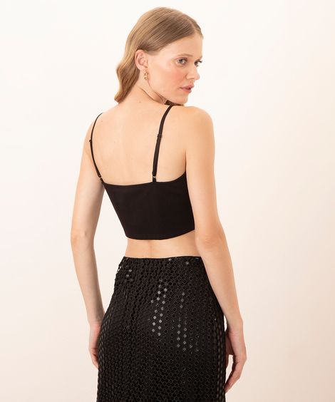 top cropped tela bordado paetê alça fina decote reto mindset preto