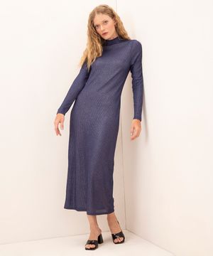 vestido longo canelado com brilho manga longa mindset azul marinho