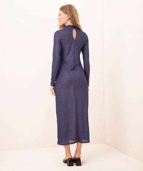 vestido longo canelado com brilho manga longa mindset azul marinho