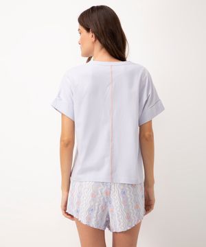 pijama de algodão exotérico com bordado manga curta azul claro