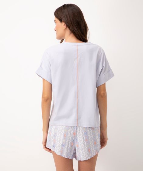 pijama de algodão exotérico com bordado manga curta azul claro