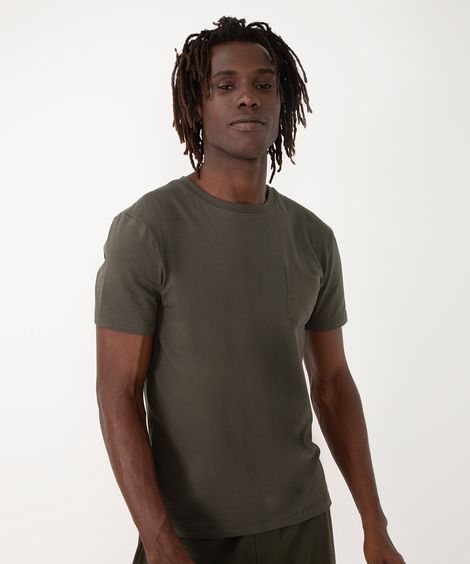 camiseta de algodão básica com bolsos manga curta verde militar