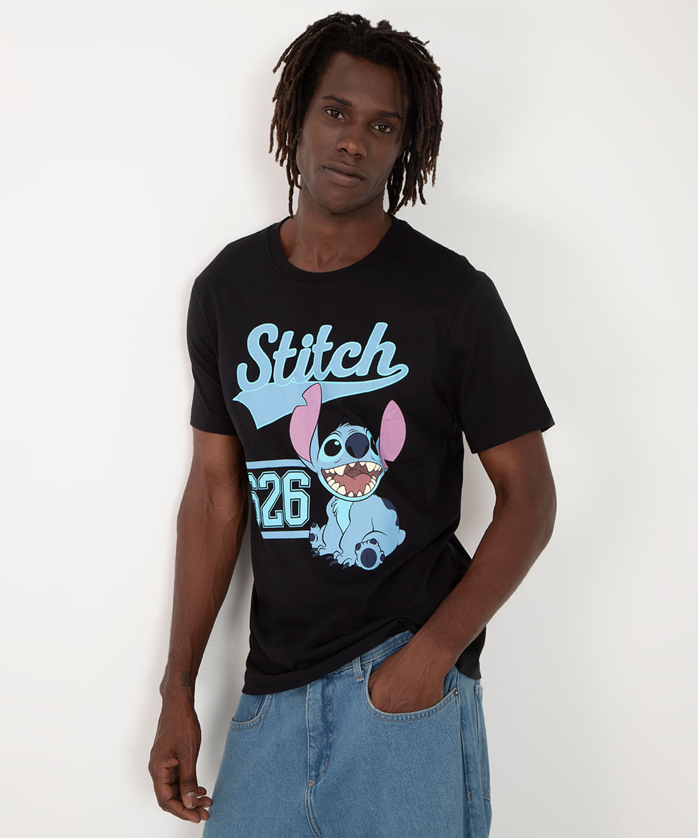 camiseta de algodão Stitch manga curta preto