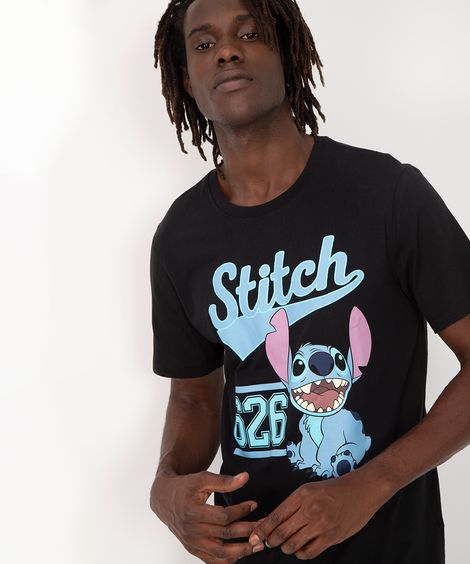 camiseta de algodão Stitch manga curta preto