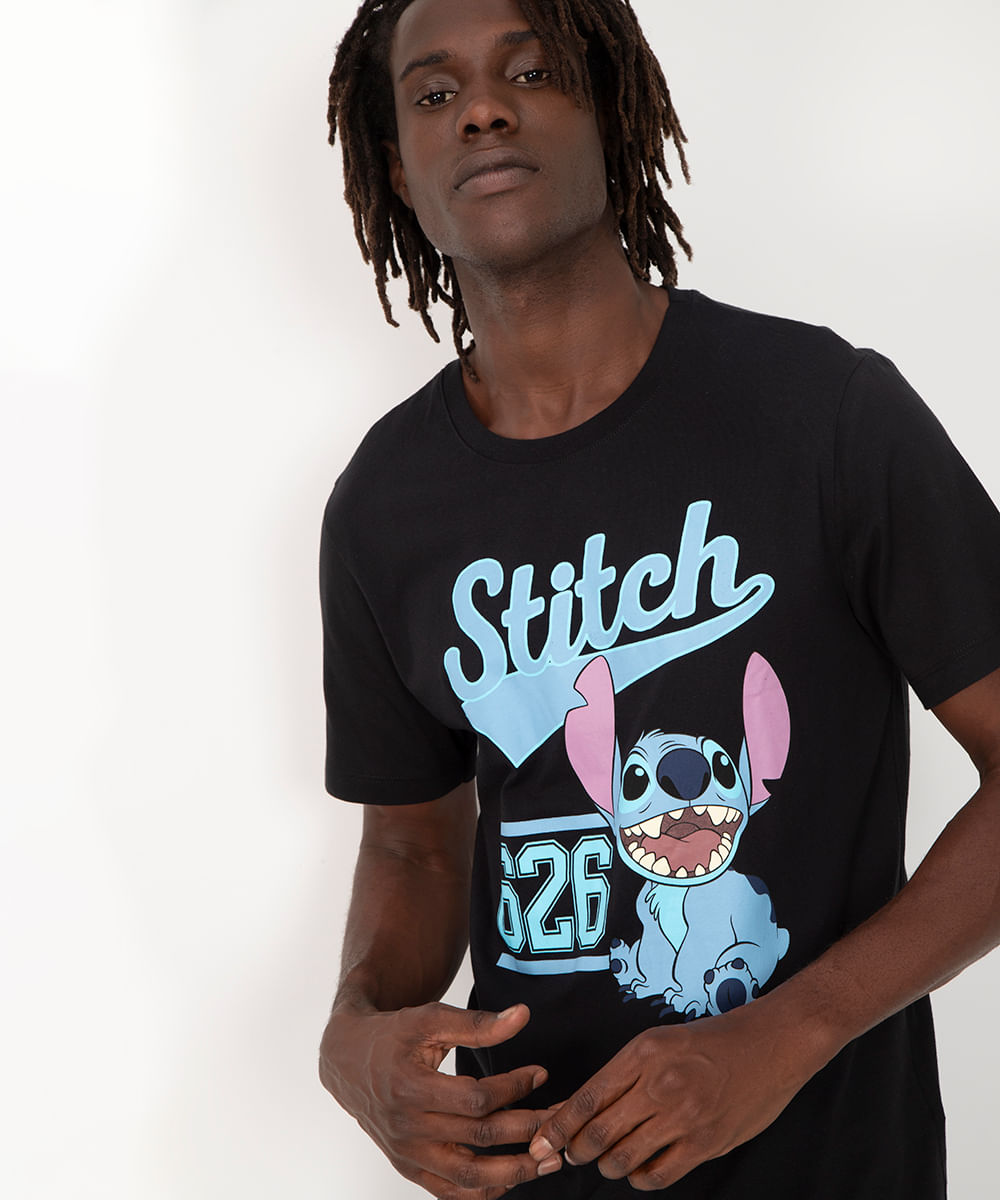 camiseta de algodão Stitch manga curta preto