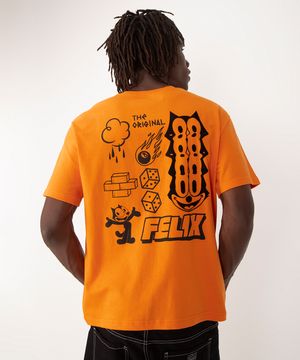 camiseta de algodão gato felix manga curta laranja