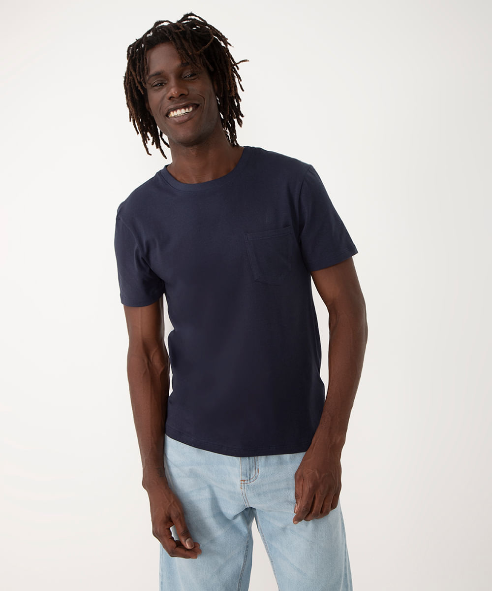 camiseta de algodão básica com bolsos manga curta azul escuro