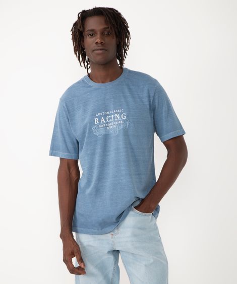 camiseta de algodão racing manga curta azul