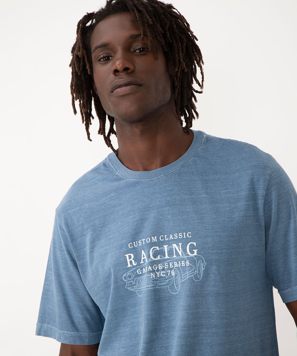 camiseta de algodão racing manga curta azul