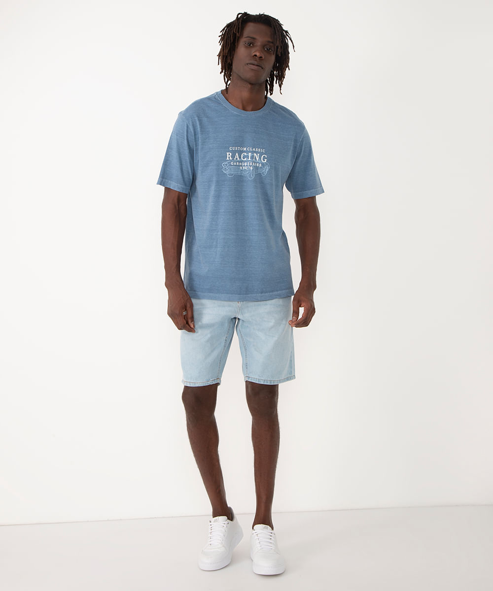 camiseta de algodão racing manga curta azul