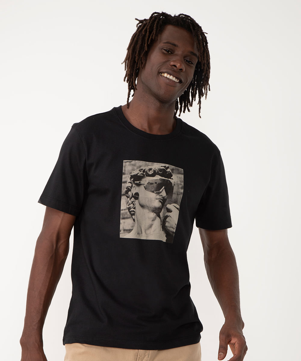 camiseta de algodão estátua manga curta preto