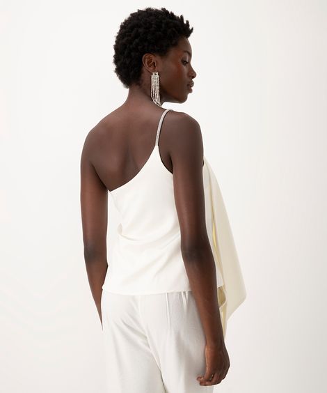 blusa ombro único alcinha strass com babado off white
