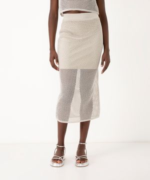 saia midi de tricot vazada com lurex bege claro