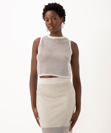 regata cropped de tricot vazada com lurex bege