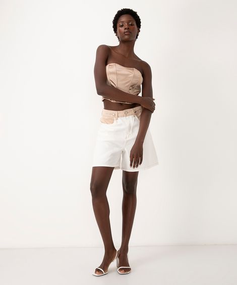 short long de sarja cintura super alta ajustável com bolso off white