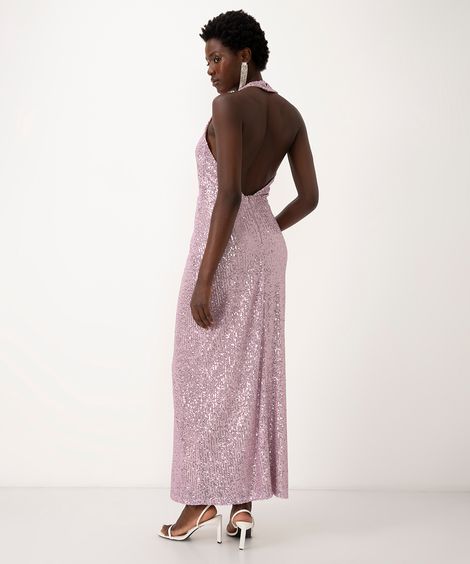 vestido longo de paetê decote v frente única rosa claro