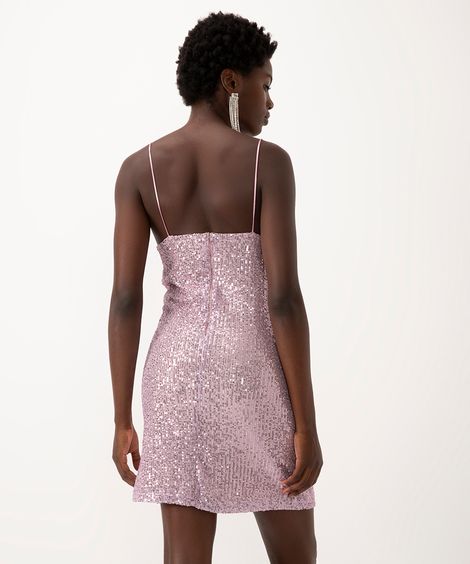 vestido mini de paetê alcinha decote degagê rosa claro