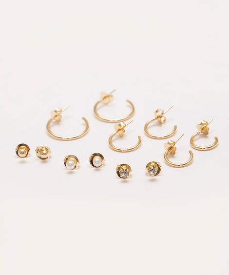 kit de 6 brincos com strass e pérola folheados dourados