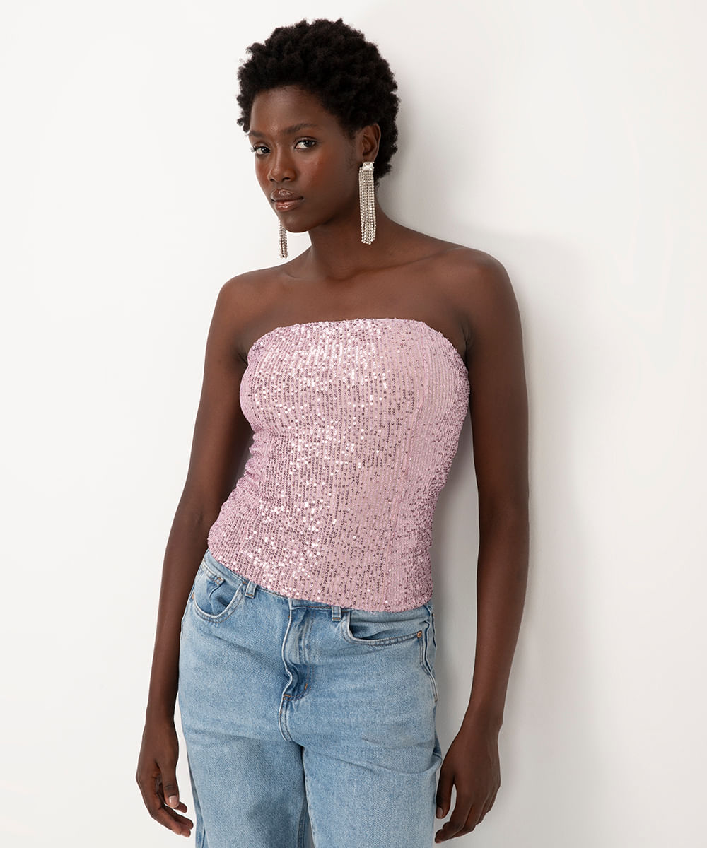 blusa corset de paetê decote reto sem alça rosa claro - C&A