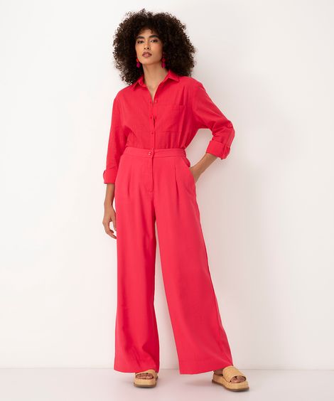 calça wide leg de viscose cintura alta com elástico - pink