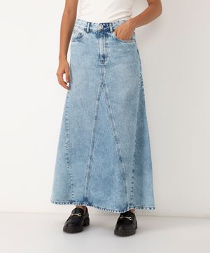 saia jeans midi cintura alta com recortes azul médio