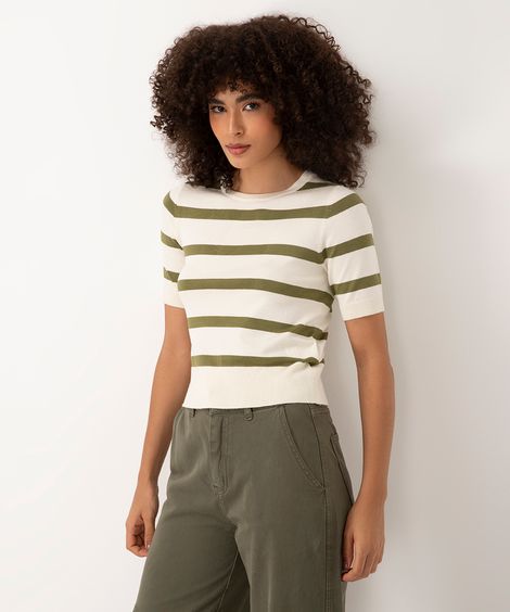 blusa de tricot manga curta listrada verde