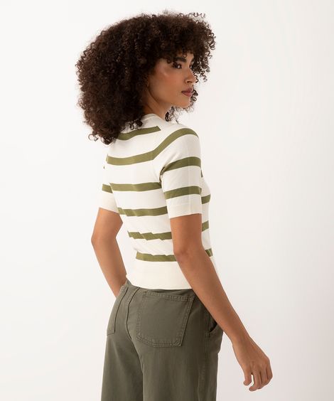 blusa de tricot manga curta listrada verde