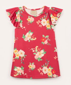 vestido floral infantil manga curta com babado vermelho
