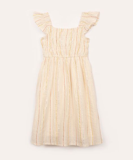 vestido de algodão infantil listrado metalizado com babado off white