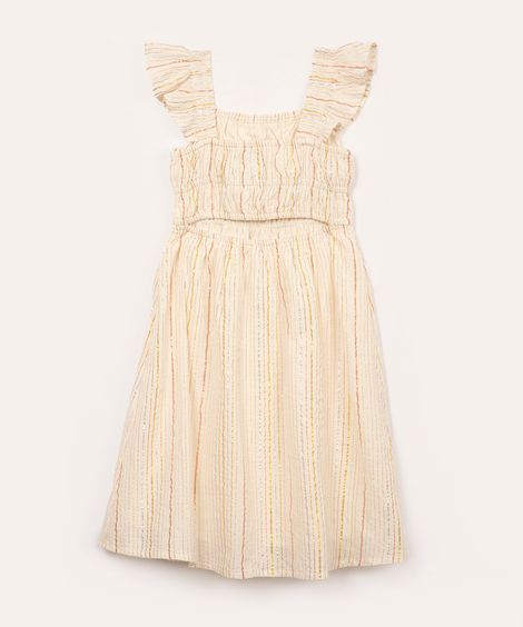 vestido de algodão infantil listrado metalizado com babado off white