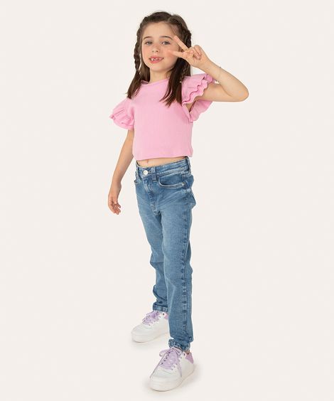 blusa infantil de algodão manga curta em babados rosa