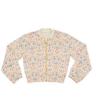 Jaqueta Juvenil Look Jeans Bomber Floral Creme Bege